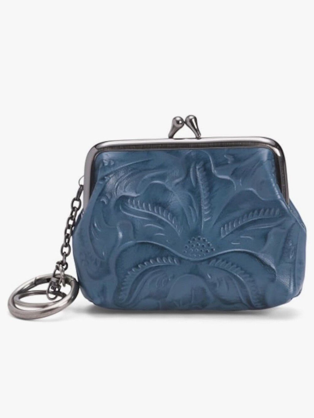 Women's Blue Embossed Leather Coin Purse Keychain NWT